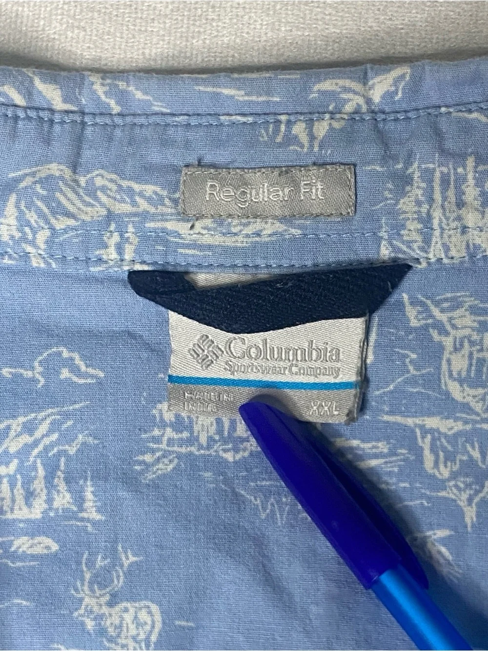 Columbia Sportswear Mens 2XL Blue Camping Cabin Scene Hiking Fishing Shirt
